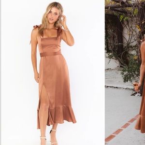 Show me Your MUMU Claire Midi Dress in Copper Luxe Satin
